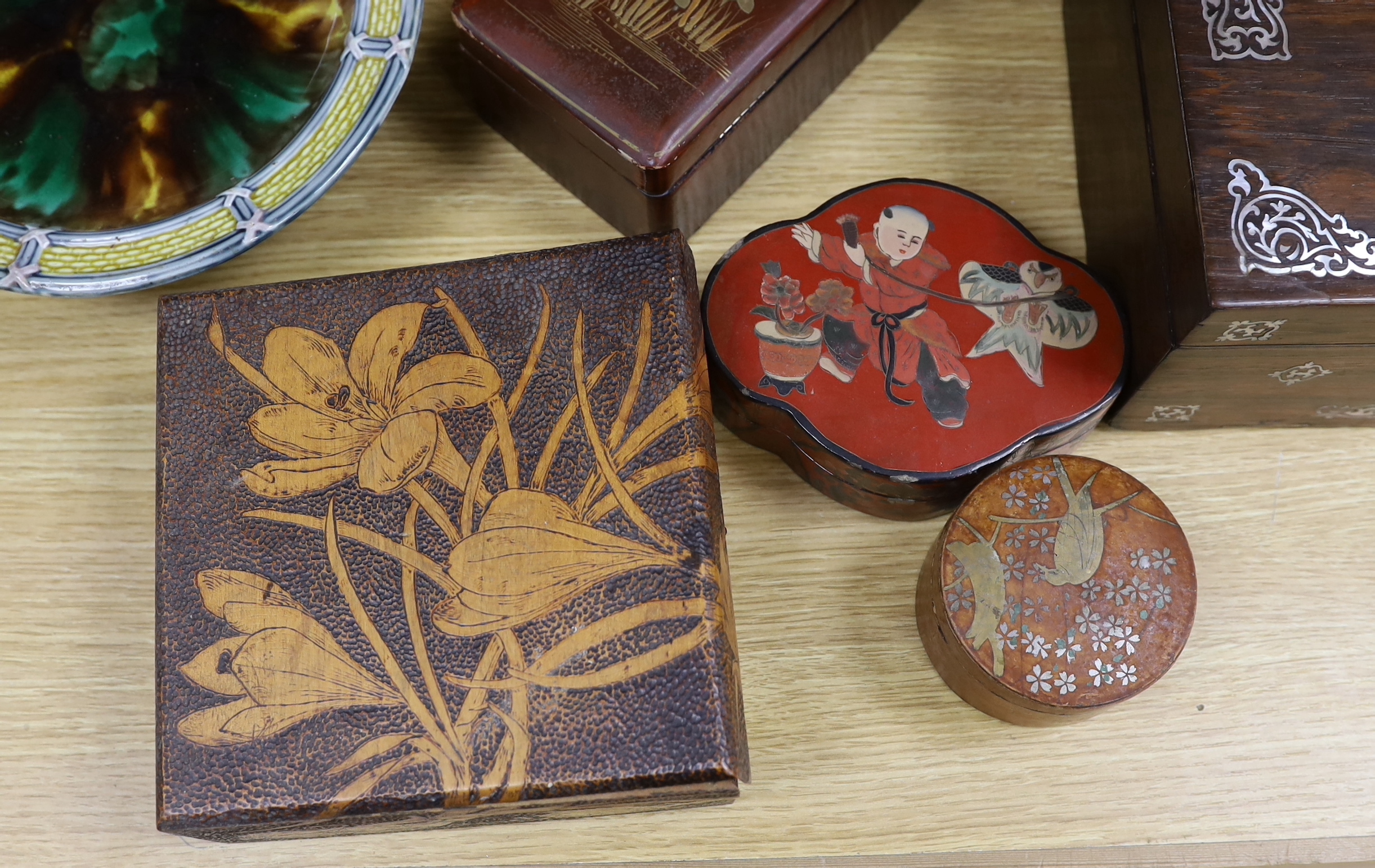 A Victorian mother of pearl inlaid rosewood box, glass pedestal bowl, Wedgwood majolica pedestal dish and various lacquer wares